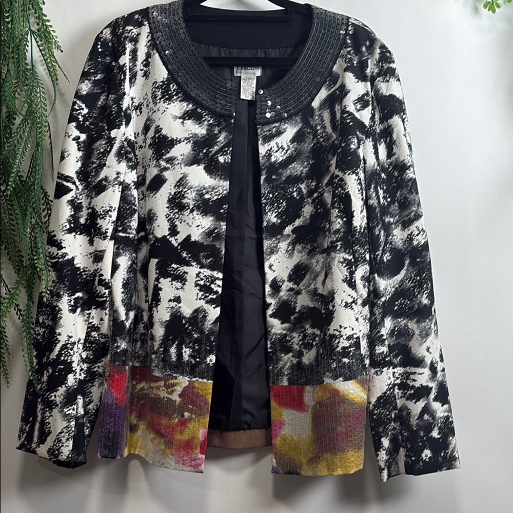 Chico's Black and White Blazer with Graphic Print